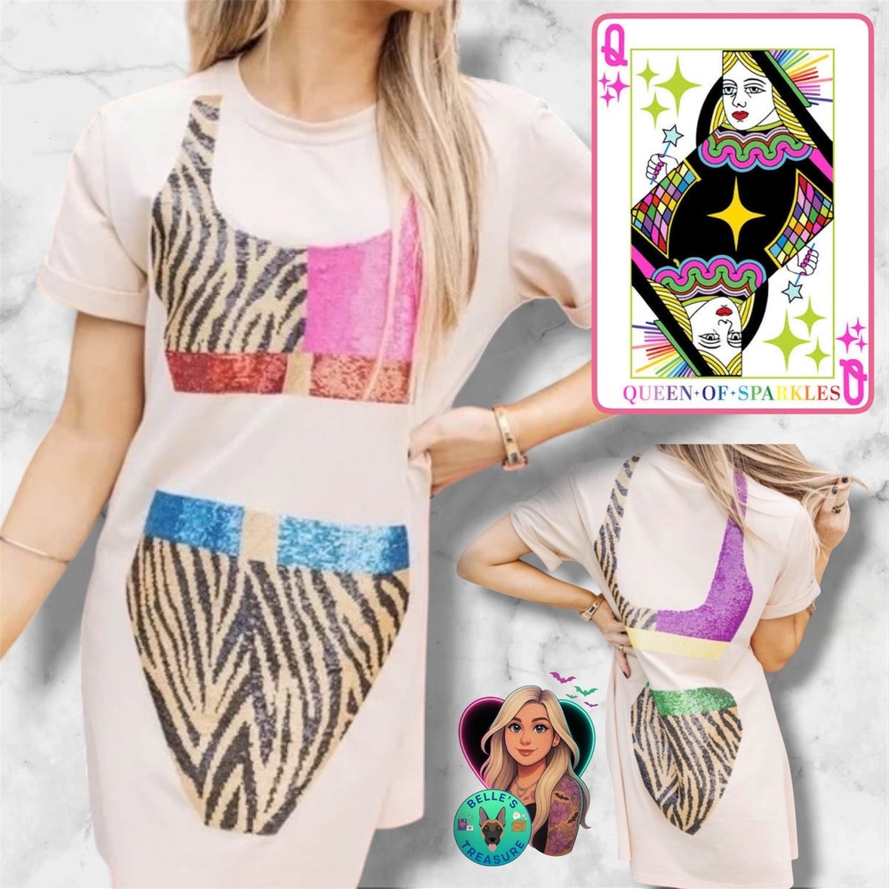 Queen of Sparkles Women XS Pool Cover Bikini Sequin T-Shirt Dress Zebra Oversize